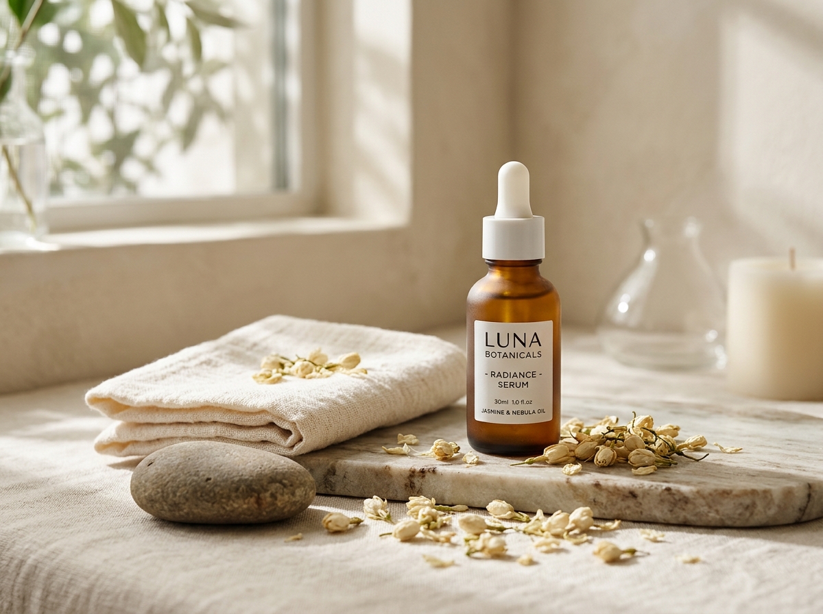 Amber glass apothecary botanical serum bottle and organic cotton cloth