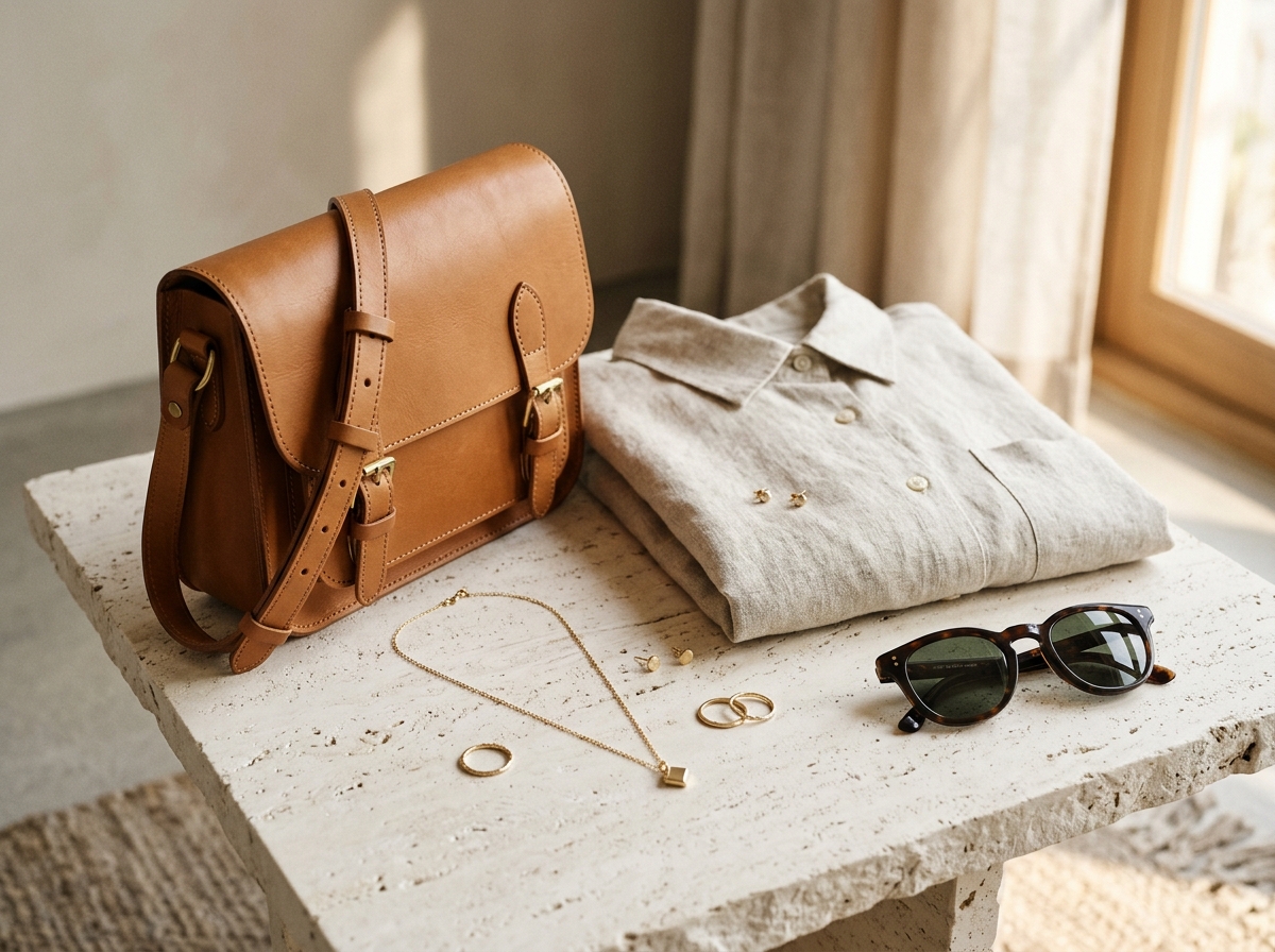 Camel handcrafted leather shoulder bag, linen shirt, and gold jewelry