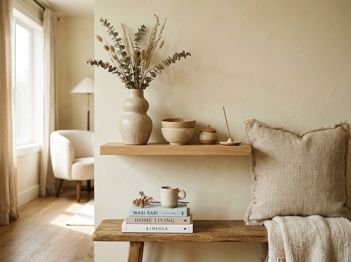Curated ceramic stoneware, linen cushion, and wabi-sabi home living decor