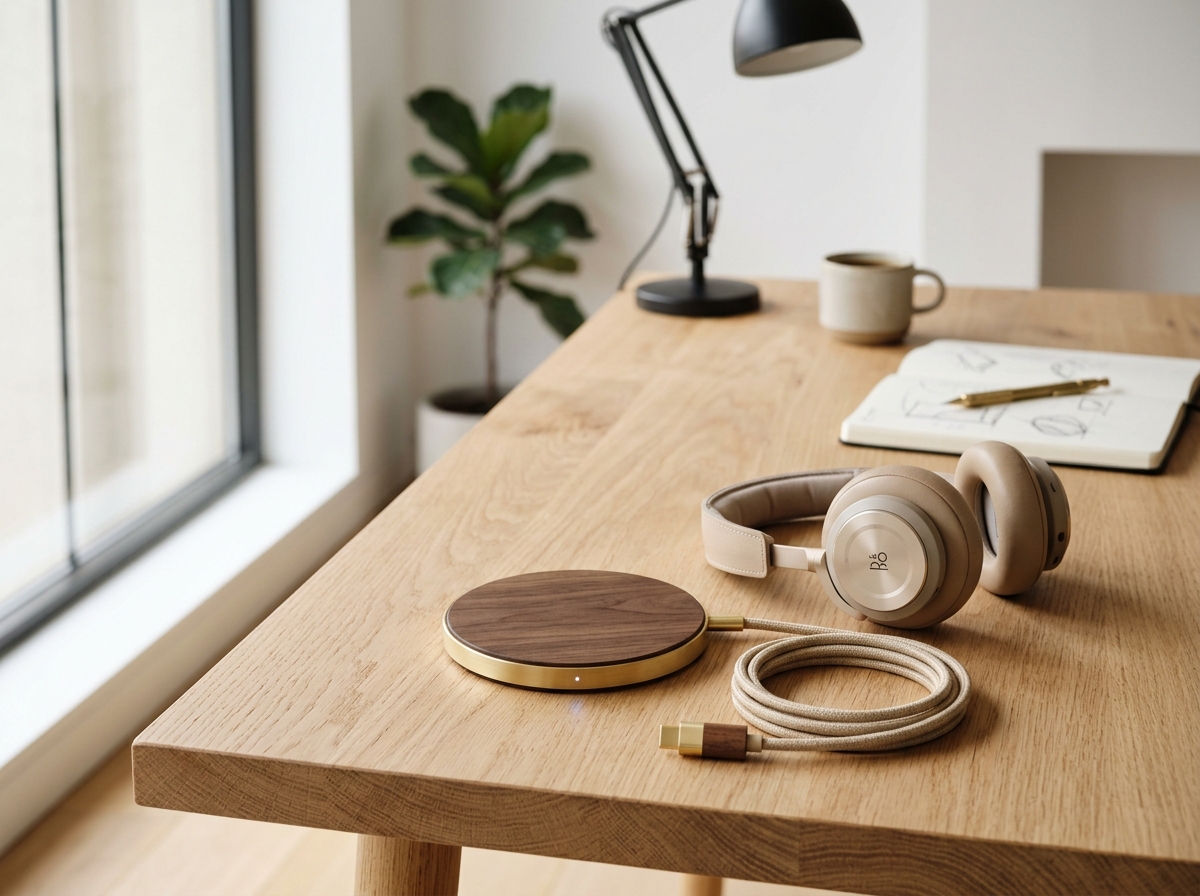 Solid walnut wireless charging dock and desk accessories