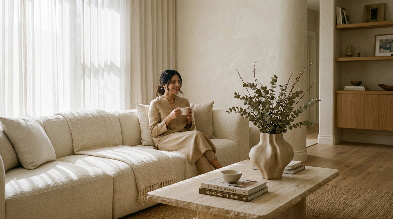Editorial lifestyle interior featuring warm ivory linen sofa, ceramic vase with eucalyptus branches, and curated books on travertine table
